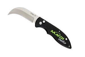 Knife with a black handle and green Madi logo. Image by Madi.