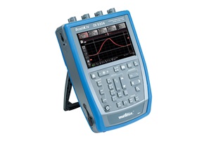 Blue and gray oscilloscope with digital readout. Image by AEMC.