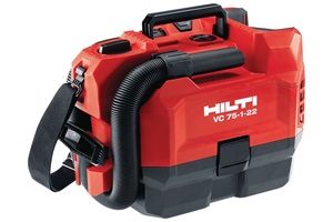 Red and black cordless vacuum with the Hilti logo. Image by Hilti.