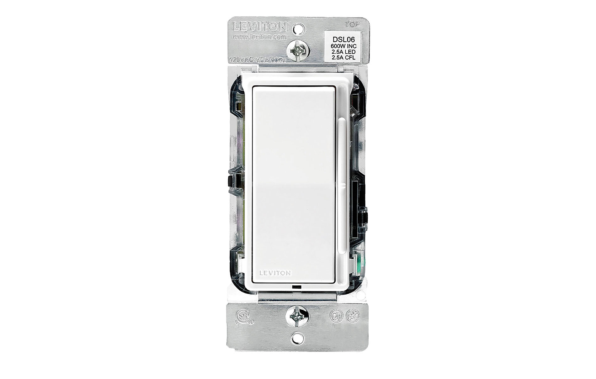Metal and white slide dimmer switch. Image by Leviton.