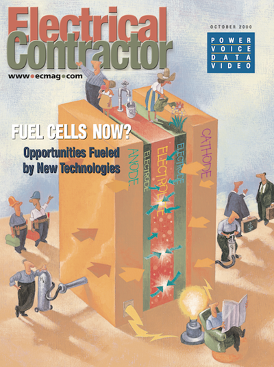 Electrical Contractor cover reading Fuel Cells Now? Opportunities Fueled by New Technologies, with an illustration of workers, businessmen and residents gathered around a tall fuel cell.