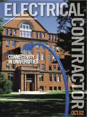 Electrical Contractor cover reading Connectivity in Universities over an image of a university building with an electrical cord plugged into the facade.