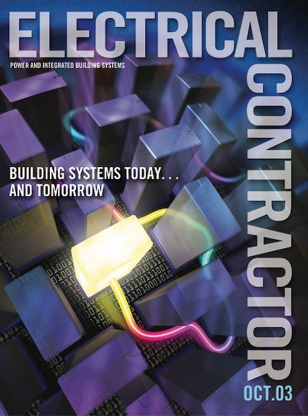 Electrical Contractor cover reading Building Systems Today...and Tomorrow, with an illustration of a light up block and cord winding around gray blocks and binary code.