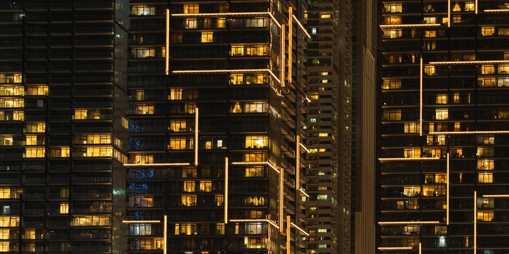 Skyscrapers lit up at night
