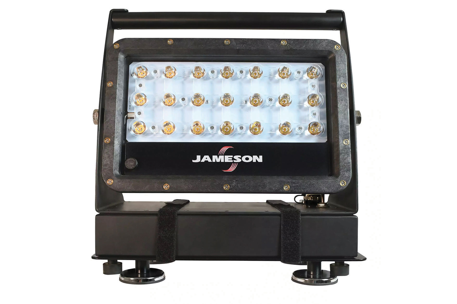 Black floodlight with a handle and the Jameson logo. Image by Jameson.