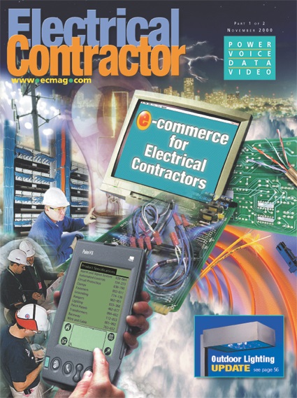 Electrical Contractor cover reading e-commerce for Electrical Contractors on a computer screen in a collage of workers, electronic gear, cords and switchboards.