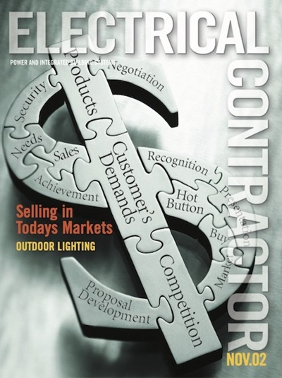 Electrical Contractor cover reading Selling in Todays Markets with an image of a metallic dollar sign made of puzzle pieces reading Competition, Customer's Demands and so on.
