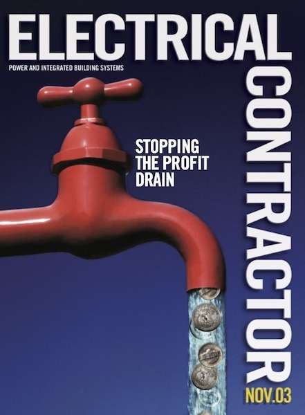 Electrical Contractor cover reading Stopping the Profit Drain with an image of water and coins coming out of a red faucet against a blue background.