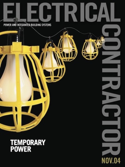 Electrical Contractor cover reading Temporary Power with an image of lightbulbs in yellow cages against a black backdrop.