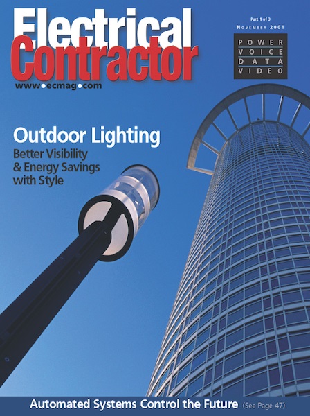Electrical Contractor cover reading Outdoor Lighting with a photo of a lightpost and a skyscraper.