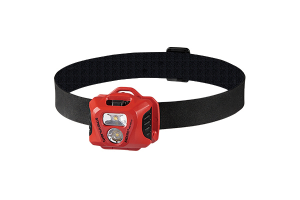 Black headband with a red headlamp. Image by Streamlight.
