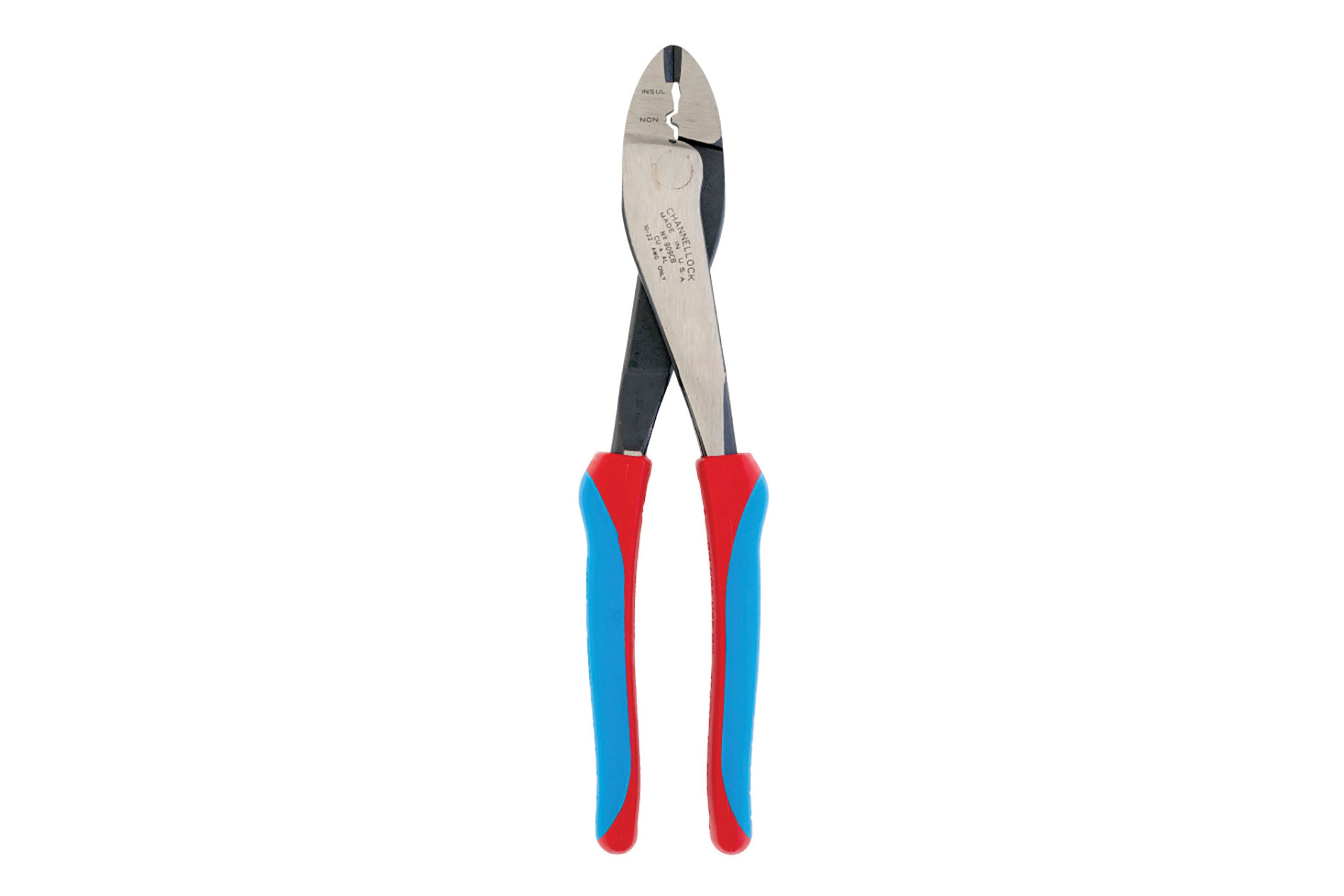 Crimper and cutter with a center cut design and blue and red handles. Image by Channellock.