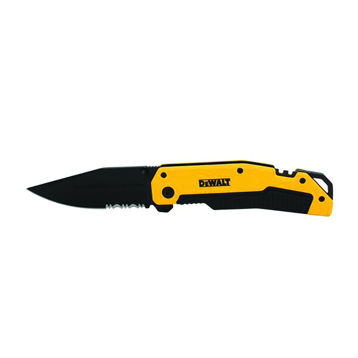 Yellow and black knife with serrated edges and DeWalt logo on the handle. Image by DeWalt.