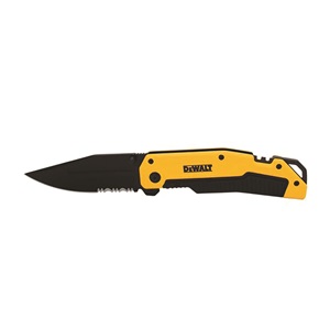 Yellow and black knife with serrated edges and DeWalt logo on the handle. Image by DeWalt.