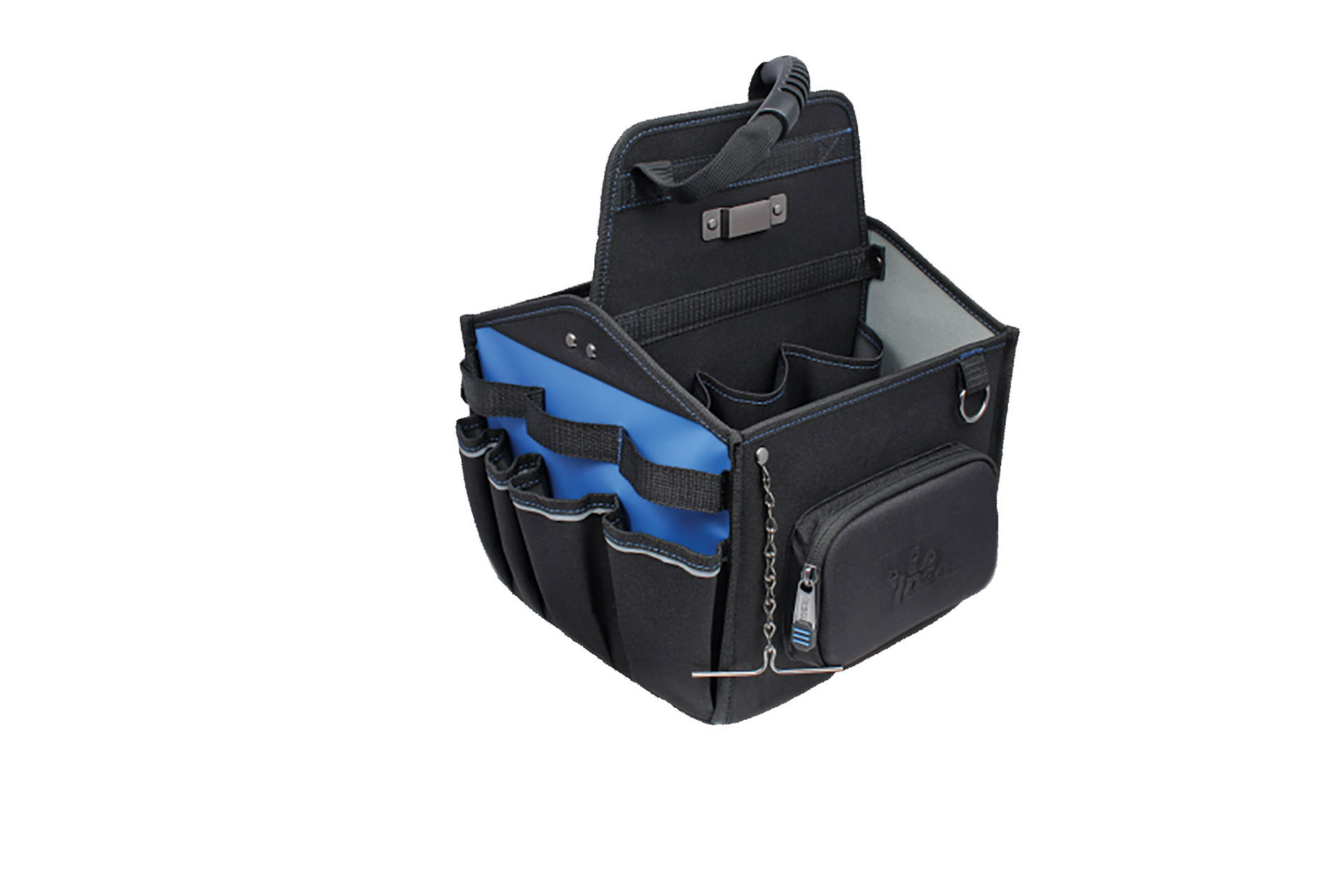 Black and blue tool carrier with pockets. Image by Ideal Industries.