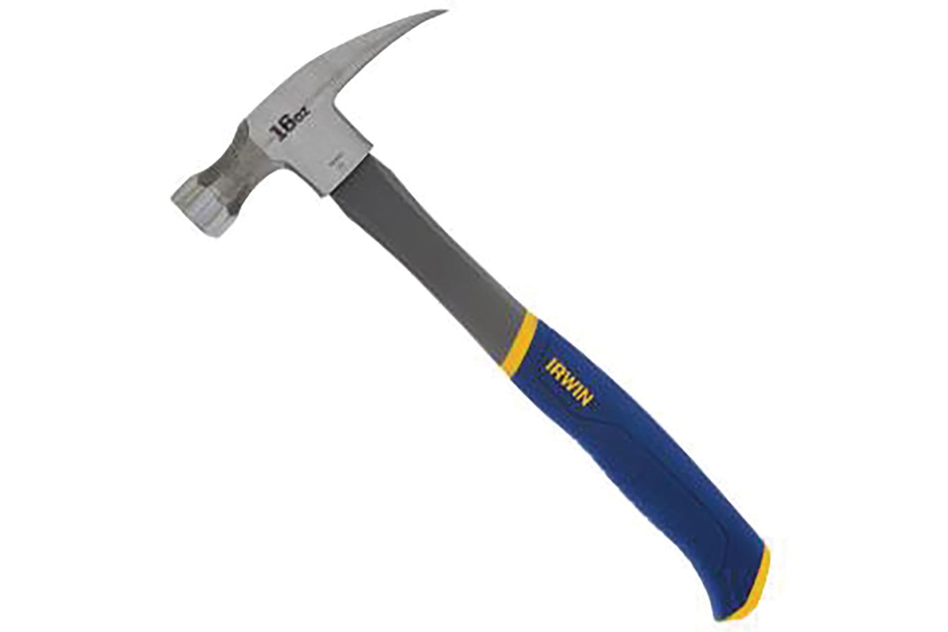 Hammer with a blue and yellow handle with a curved bottom and the Irwin logo. Image by Irwin Tools.