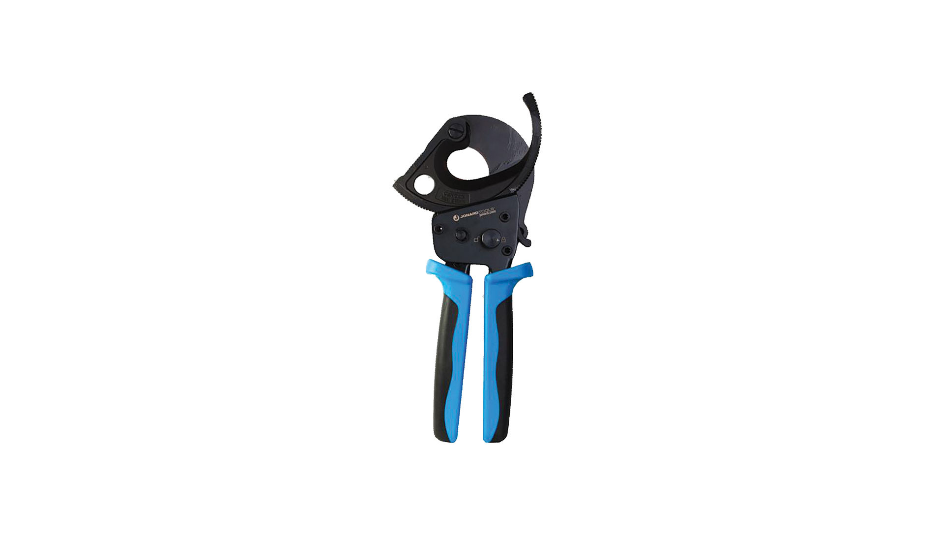 Black and blue racheting cable cutter. Image by Jonard Tools.