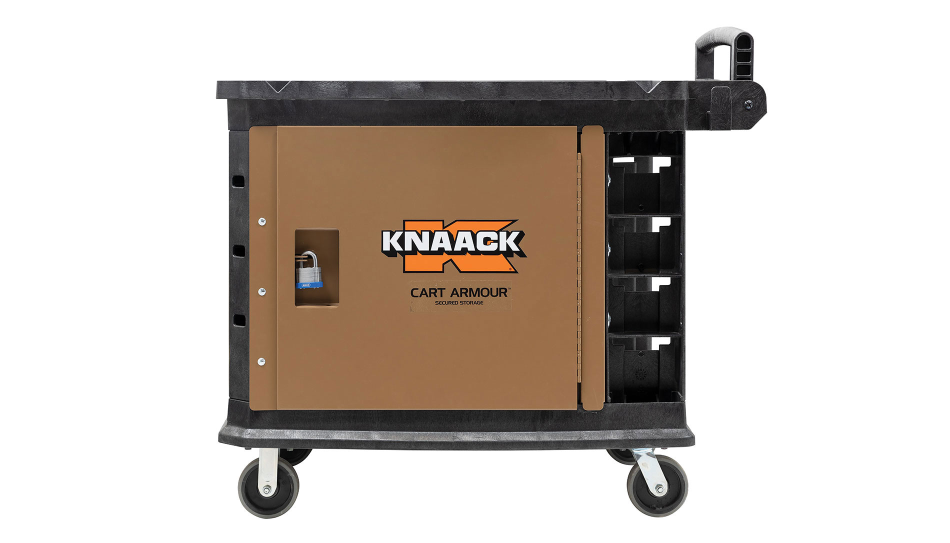 Brown cart paneling system with Knaack logo. Image by Knaack LLC.
