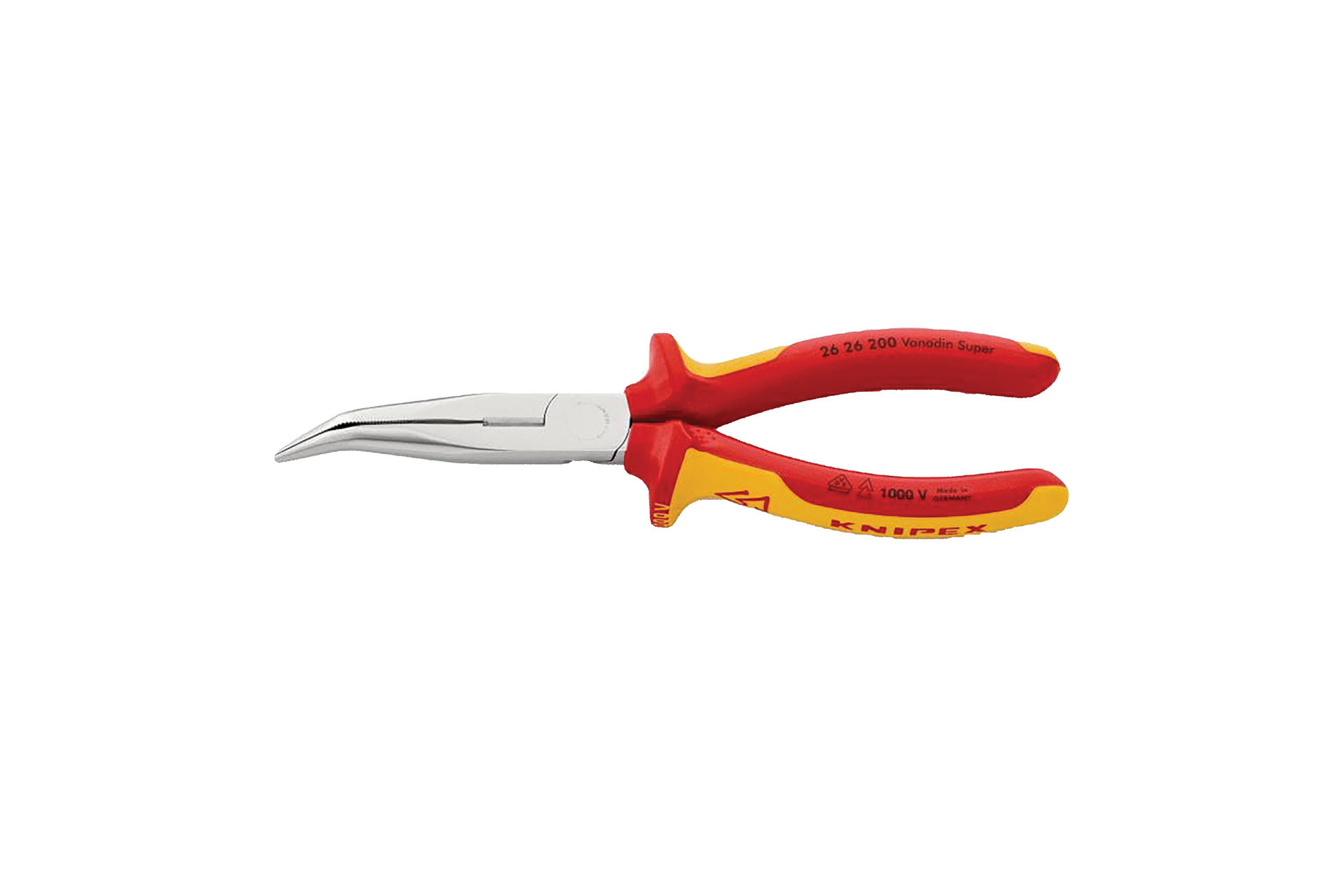 Snipe-nose pliers with red and yellow handle. Image by Knipex Tools.