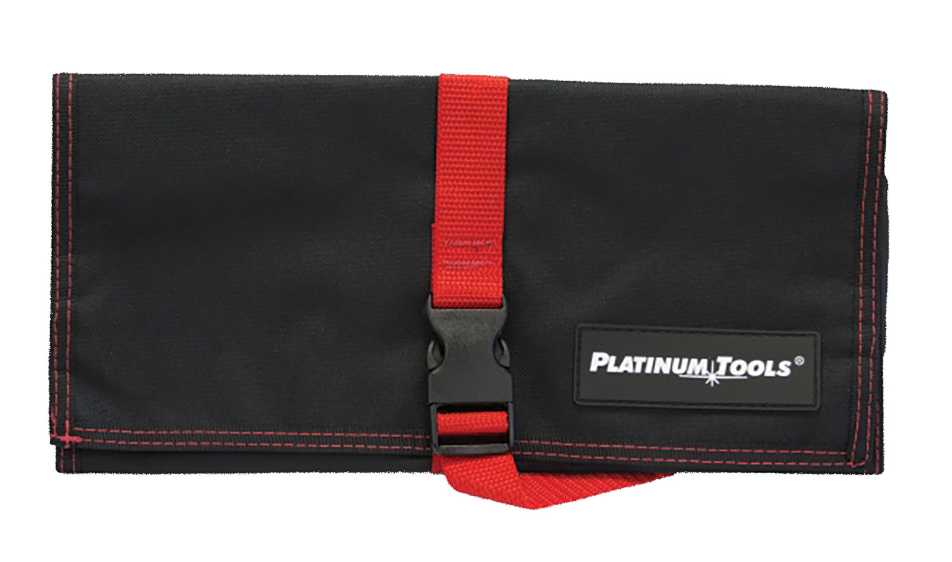 Black pouch with the Platinum Tools logo and a red strap and black snap buckle. Image by Platinum Tools.