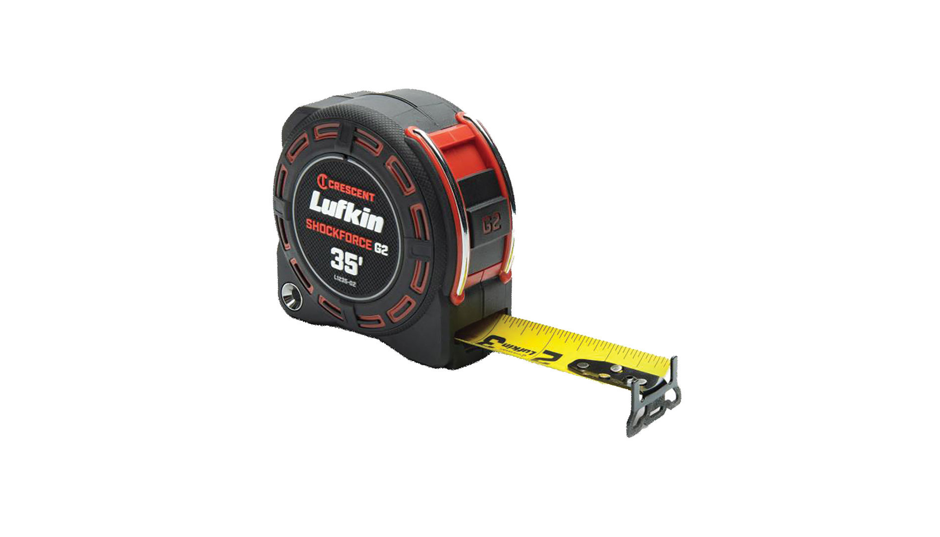 Tape measure with a black and red case reading Lufkin 35 feet. Image by Crescent Tools.