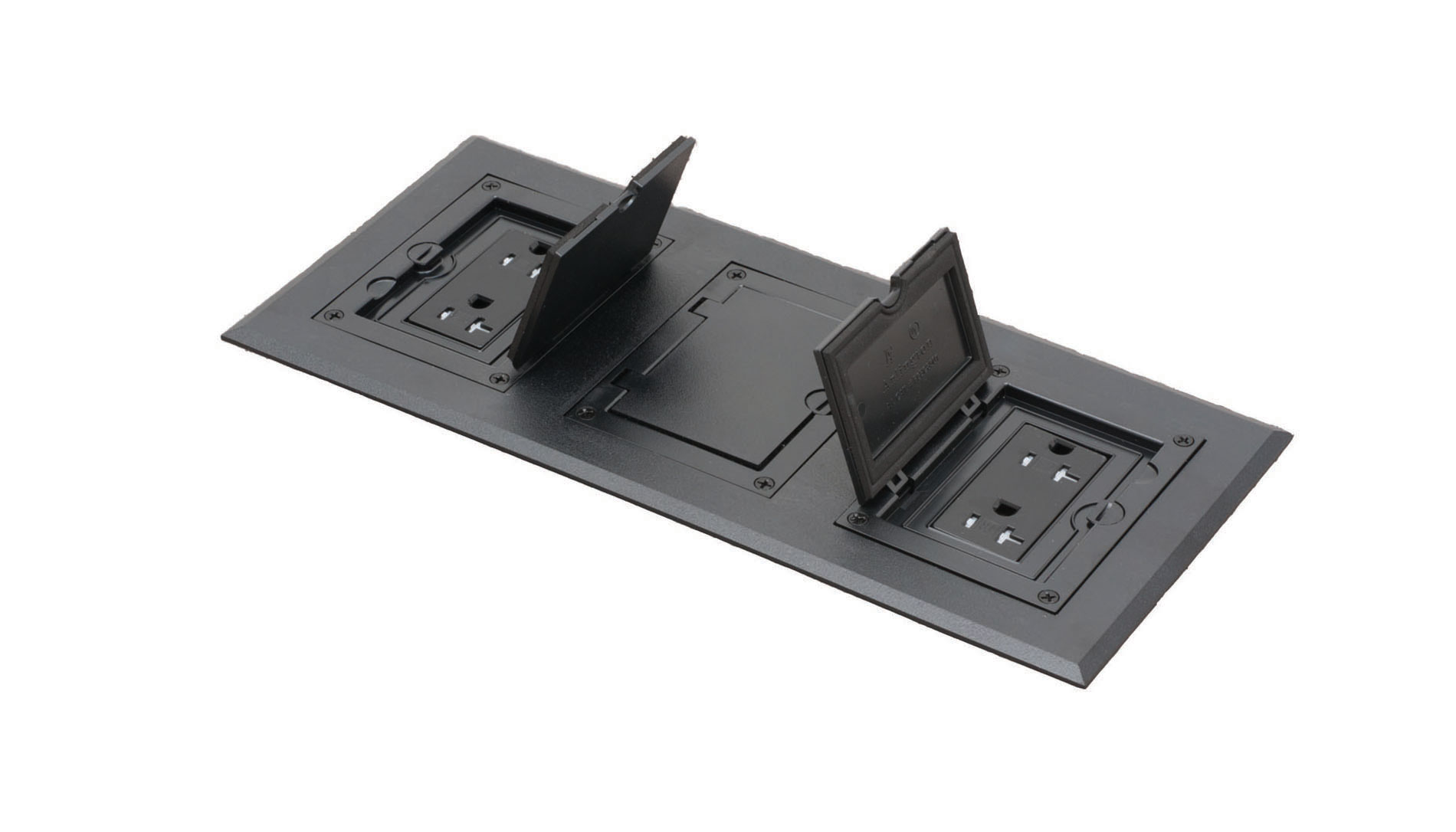 Black floor box with three receptacle covers. Image by Arlington Industries.