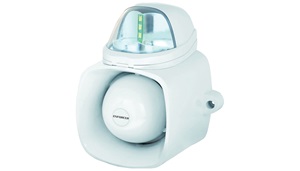 Blue speaker with a strobe on top. Image by SECO-LARM.