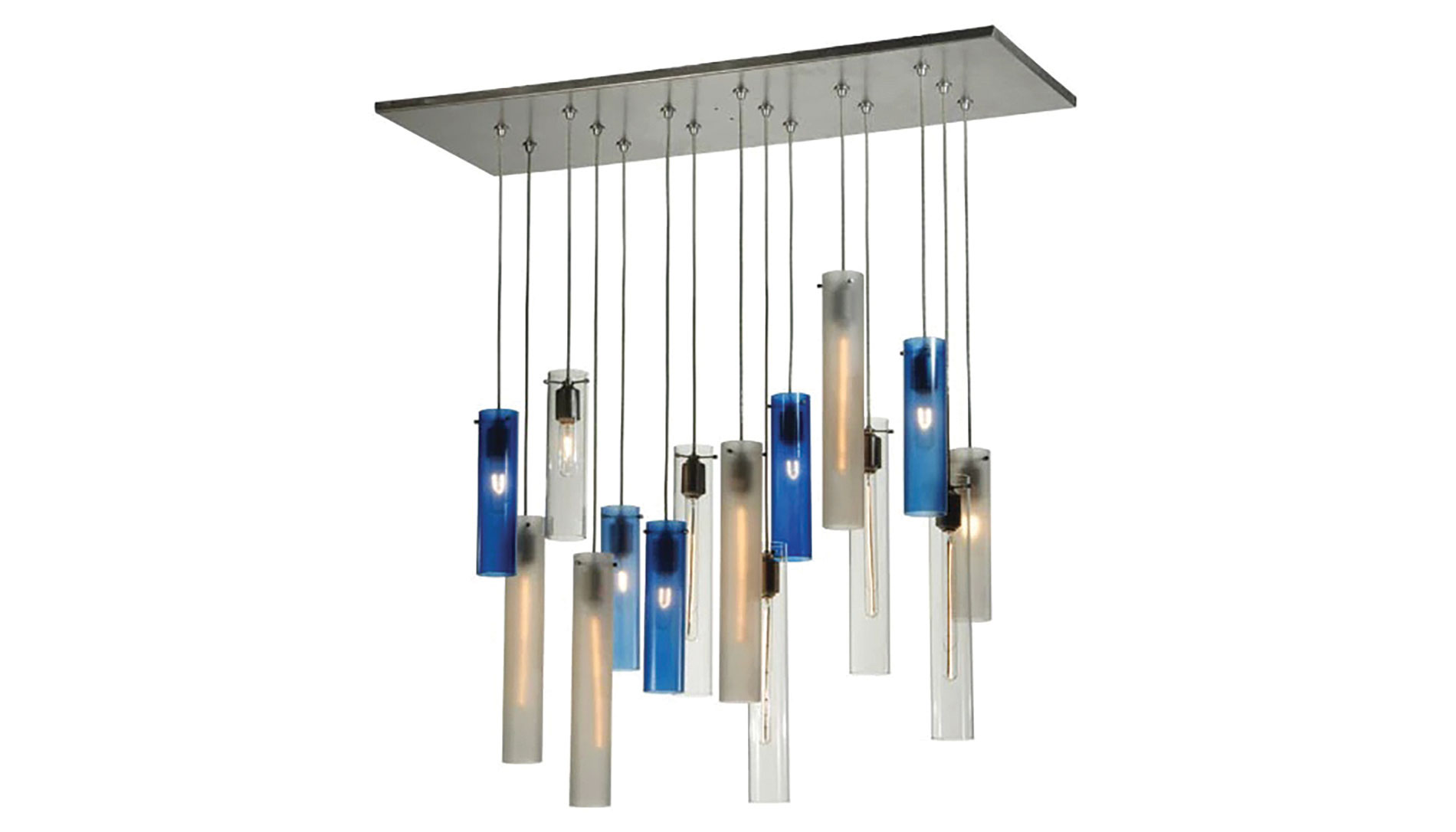 1122_New_2nd-ave Pendant with 15 suspended blue, gray and clear frosted glass diffusers. Image by 2nd Ave. Lighting.