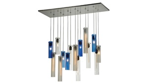 Pendant with 15 suspended blue, gray and clear frosted glass diffusers. Image by 2nd Ave. Lighting.