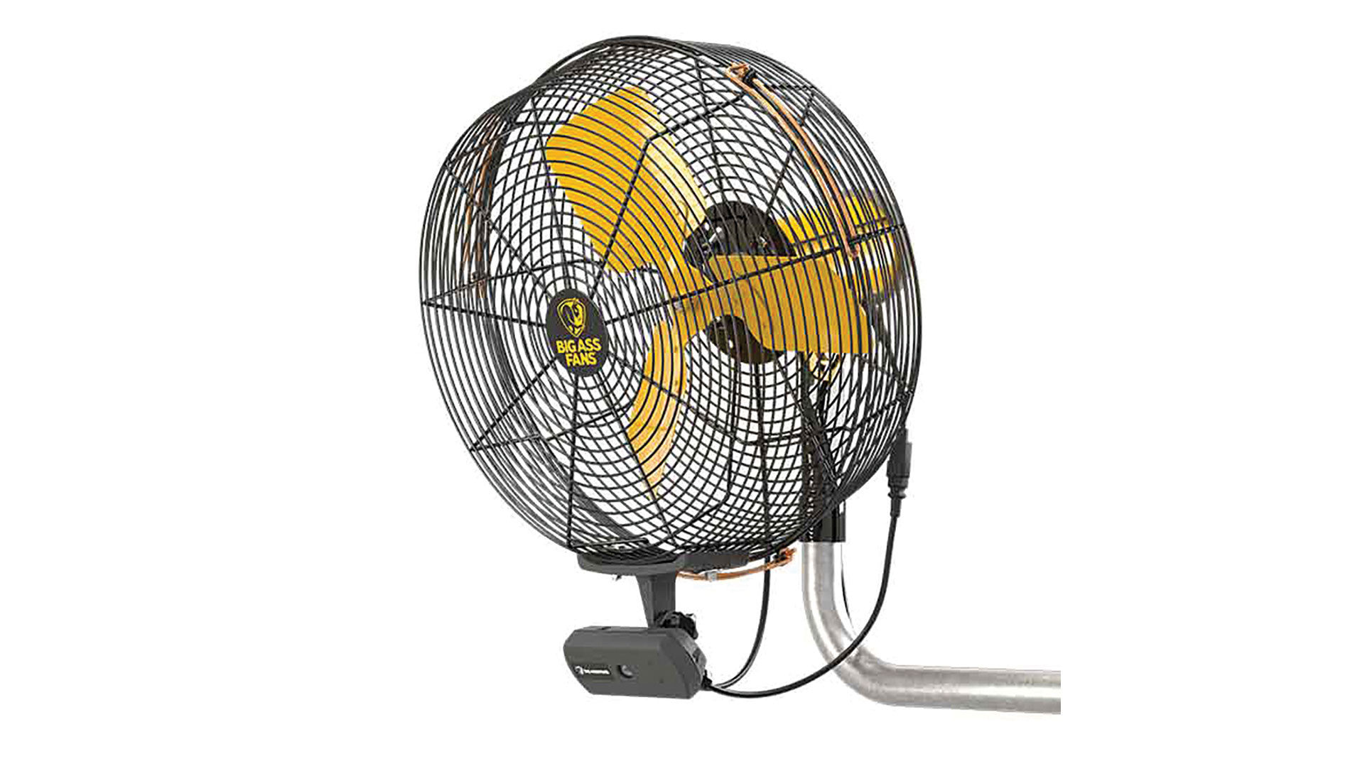 Black and yellow fan with the Big Ass Fans logo.