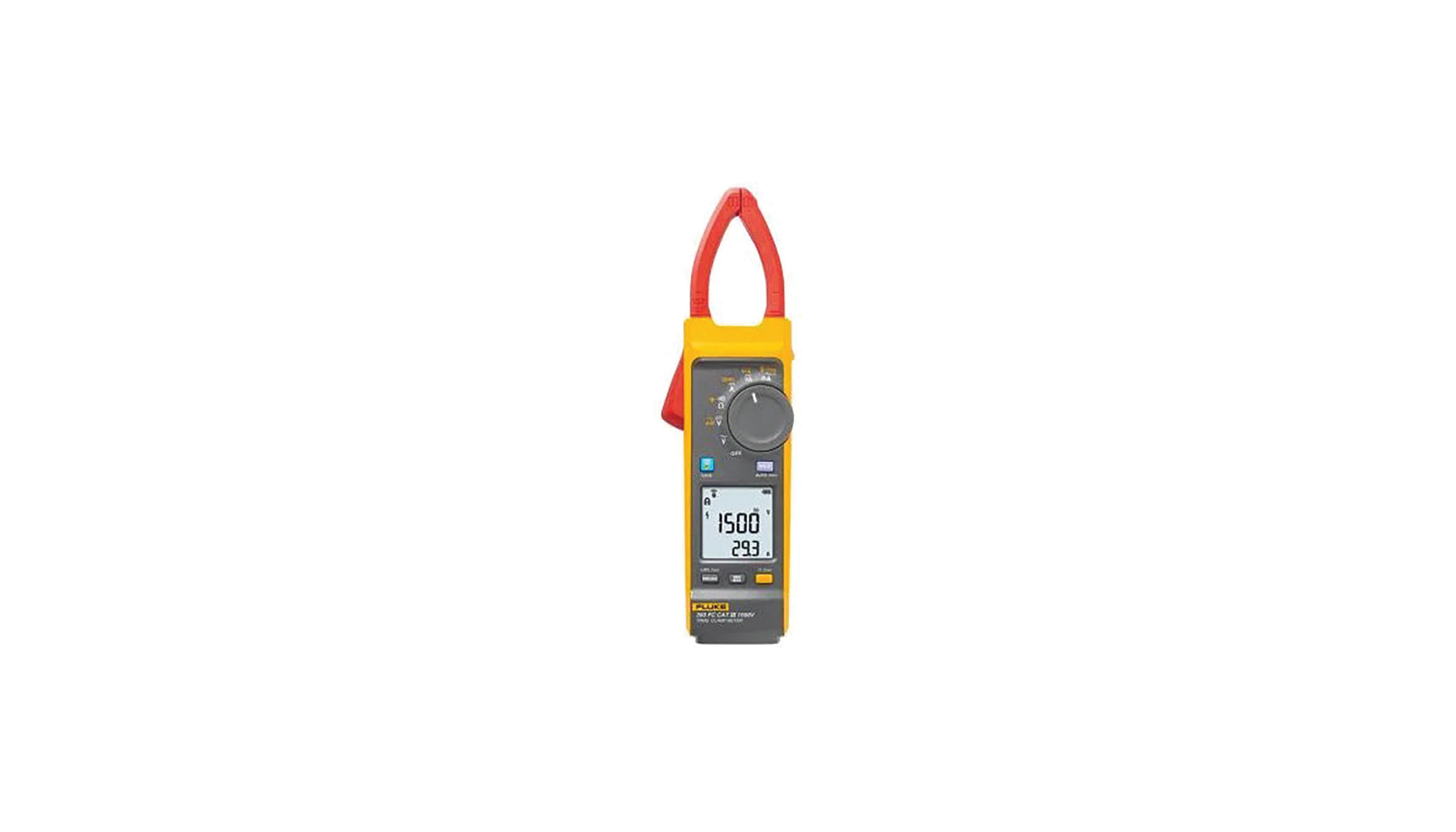 Red, gray and yellow clamp meter with digital readout. Image by Fluke.