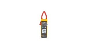 Red, gray and yellow clamp meter with digital readout. Image by Fluke.