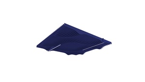 Blue ceiling acoustic baffle and linear luminaires. Image by Focal Point.