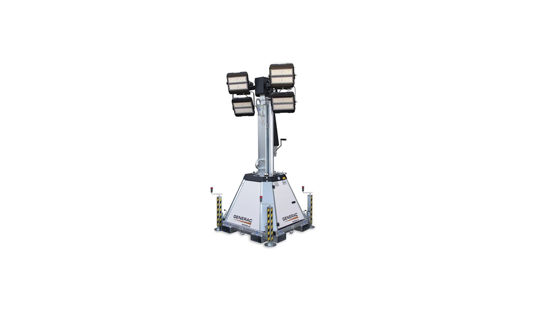 Metal tower with a wide pyramid base and four work lights. Image by Generac.