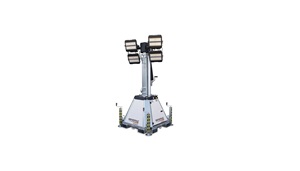 Metal tower with a wide pyramid base and four work lights. Image by Generac.