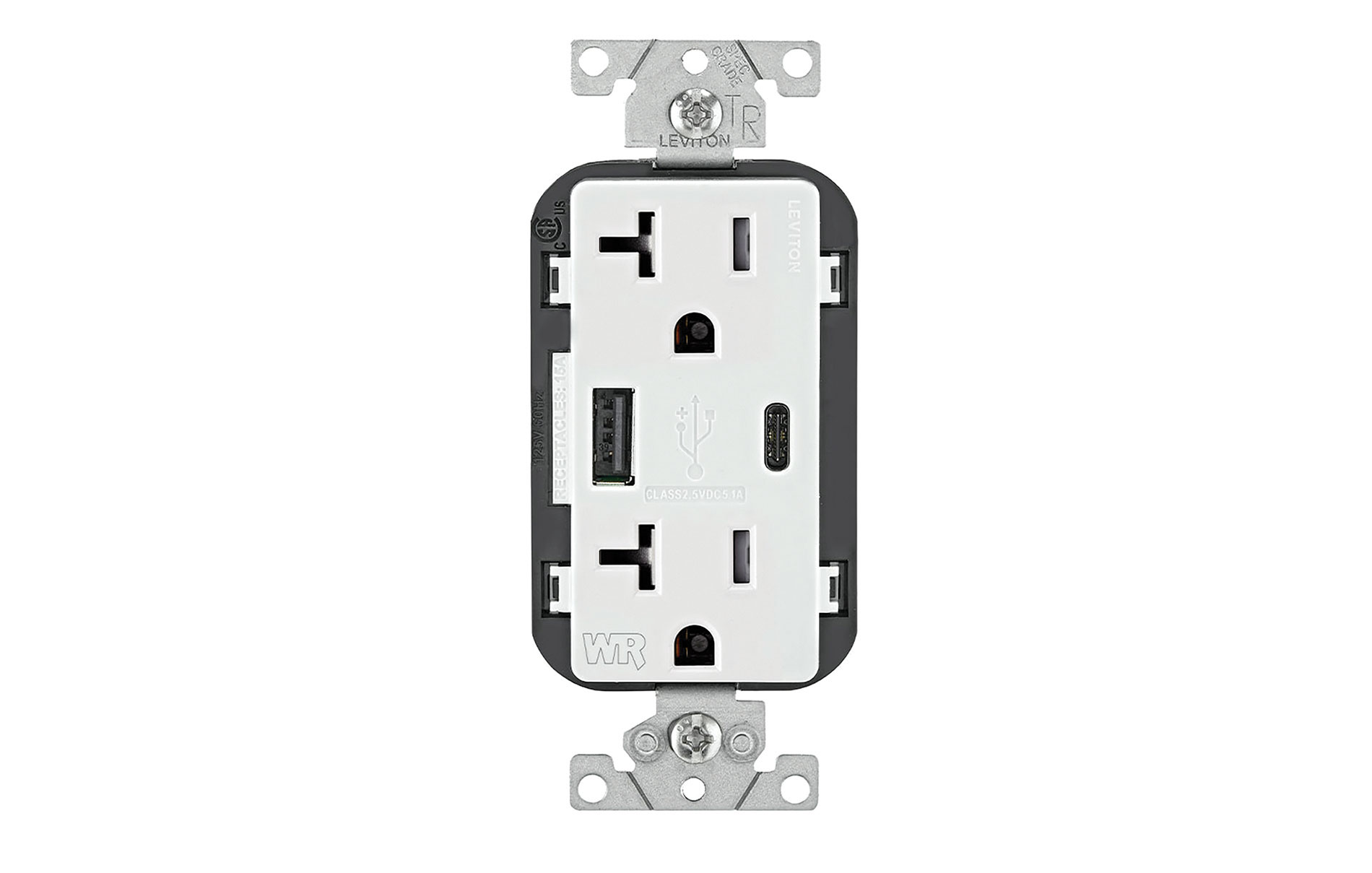 Gray and white receptacle with additional USB ports. Image by Leviton.