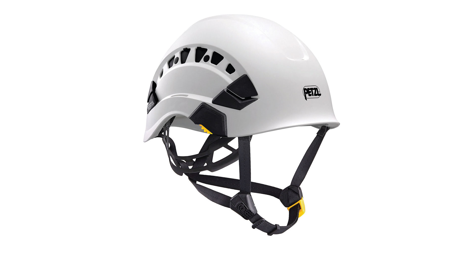 White helmet with black and yellow straps. Image by Petzl.