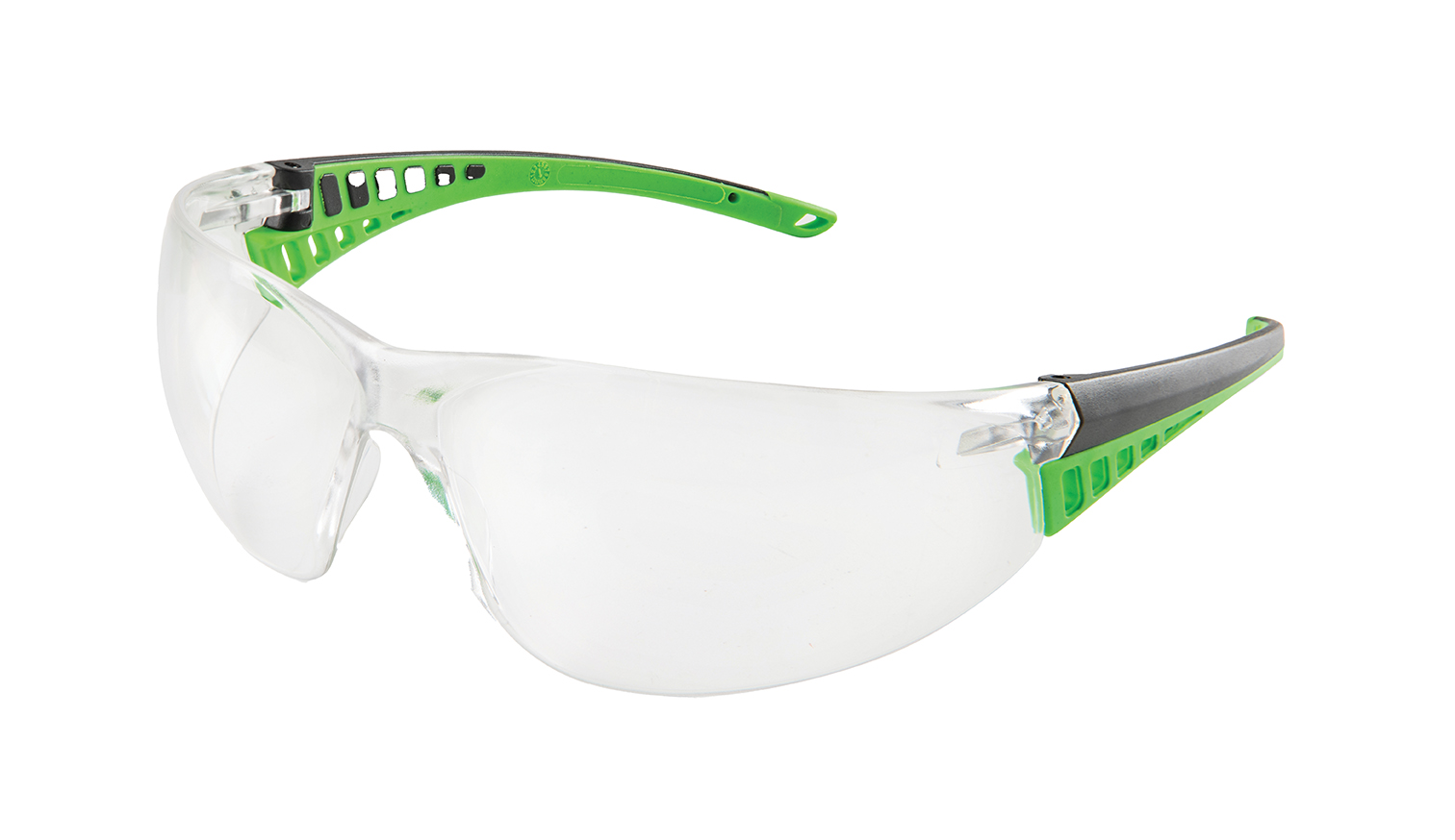 Clear safety glasses with green stems. Image by Brass Knuckle.