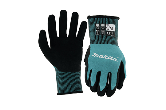 Blue and black gloves with the Makita logo. Image by Makita.