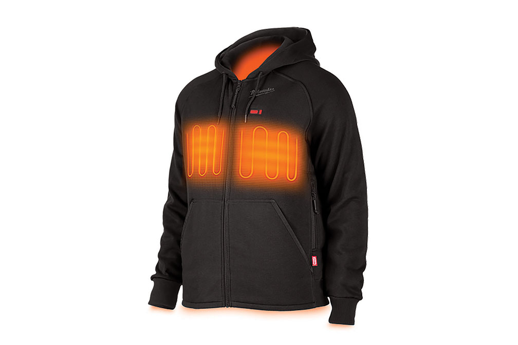 Black hoodie with orange heat coils across the chest. Image by Milwaukee Tool.