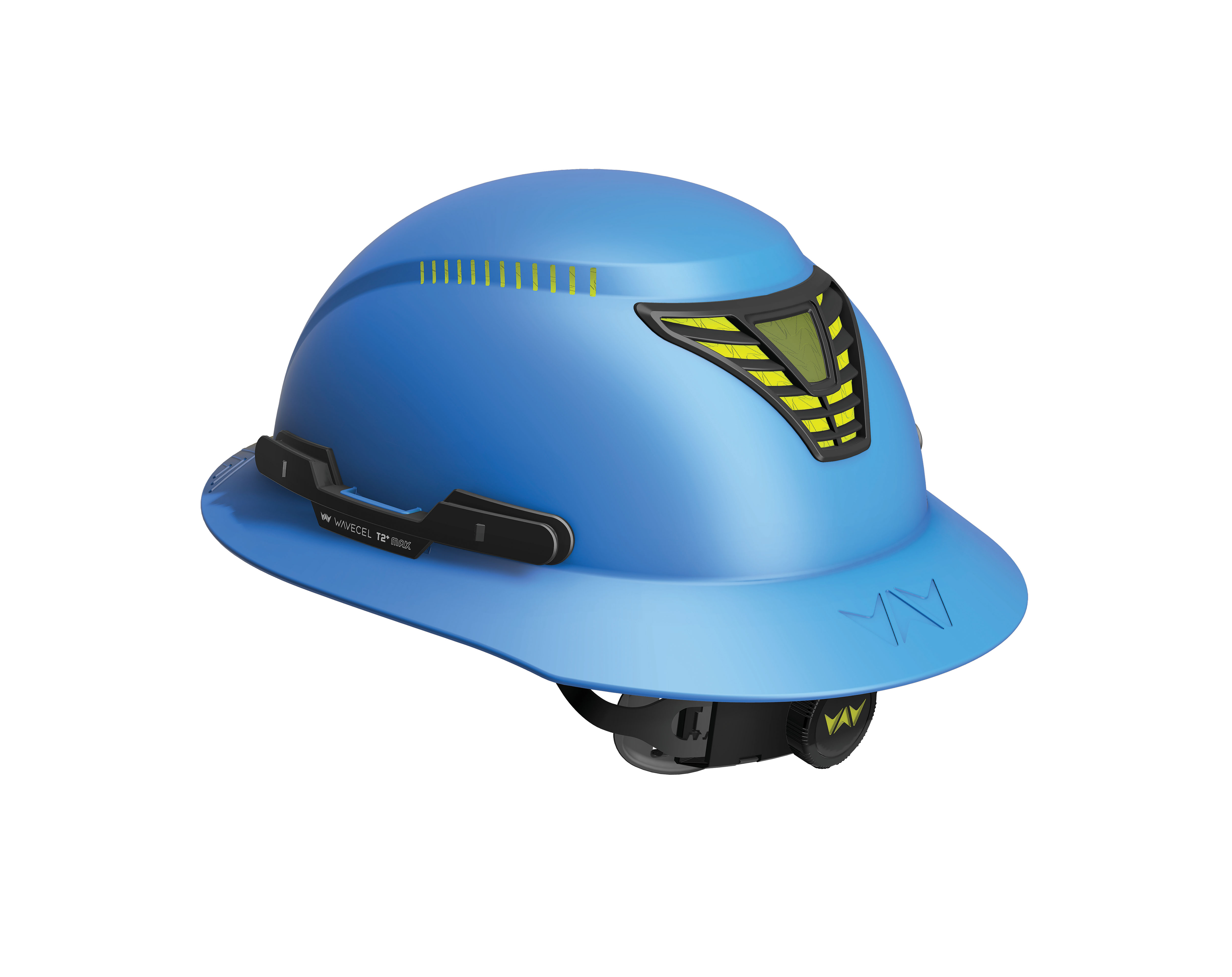 Blue hard hat with yellow vents. Image by WaveCel.