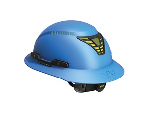 Blue hard hat with yellow vents. Image by WaveCel.