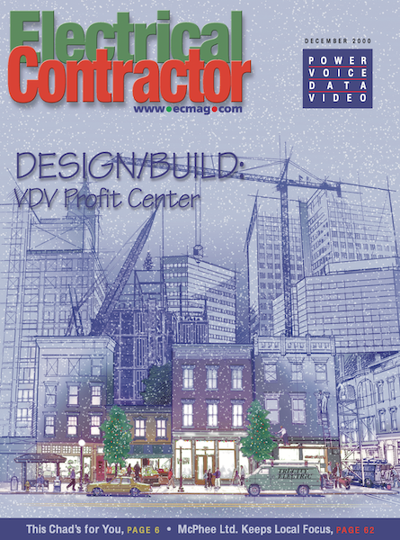 Electrical Contractor cover reading Design/Build: VDV Profit Center with an illustration of a city street in the winter.