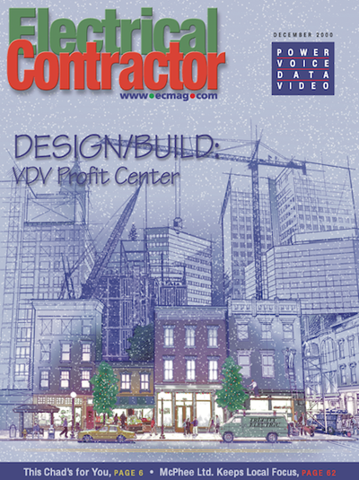 Electrical Contractor cover reading Design/Build: VDV Profit Center with an illustration of a city street in the winter.