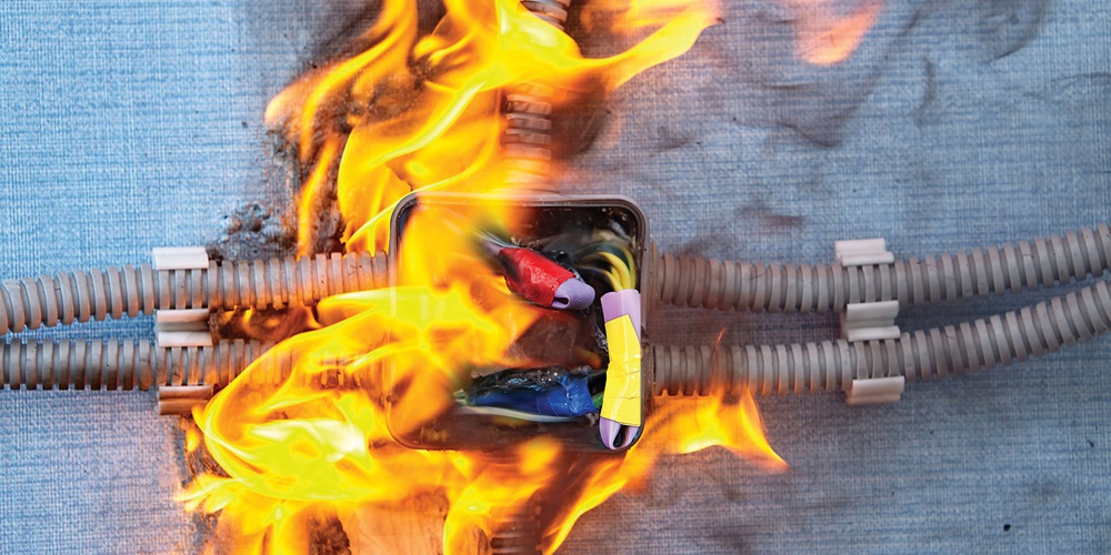 Electrical box and wires engulfed by fire. Shutterstock / Grigvovan