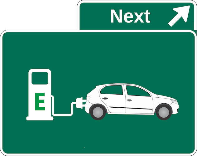 An illustration of an electric car plugged in to a charging station, on a green highway sign that says "Next"
