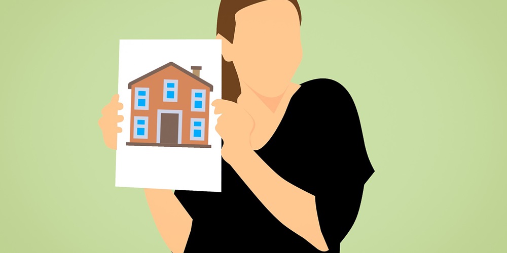 An illustration of a woman holding up a housing photo.