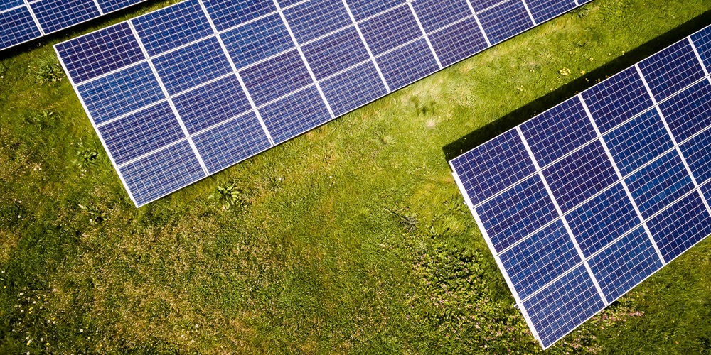 Solar panels in a grassy field