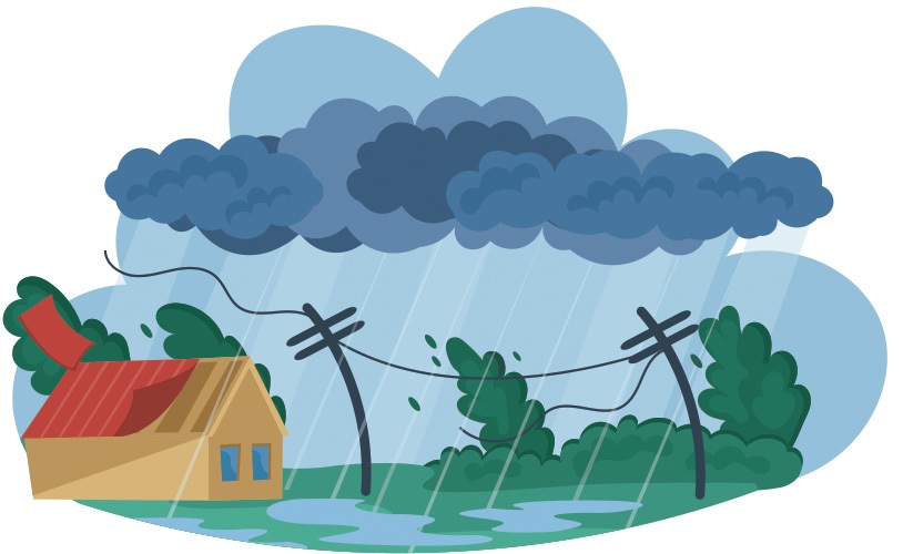 Illustration of a storm causing damage to a home, vegetation and electrical distribution lines