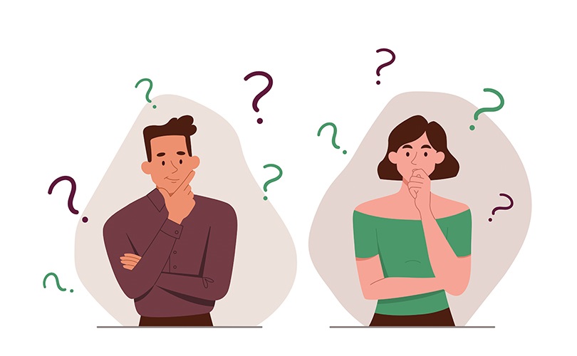 An illustration of a man and a woman surrounded by question marks, illustrating the confusion techs might have around knowing which PQ instrument to use, and how to use it